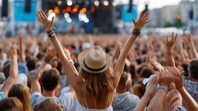 Ecstatic Audience: A woman with her arms raised in jubilation, immersed in a sea of ecstatic spectators at an outdoor concert or festival, representing a collective feeling of energy and celebration.