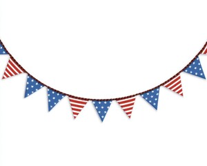 Fototapeta premium Bunting garland. Party flags with stripes and stars in USA flag colors isolated on background. illustration web banner. Memorial labor day. Independence day 4th July. Birthday