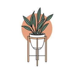 Indoor plant in white pot on wooden stand. Stylish home decor with green leaves in ceramic pot. Peaceful home interior design featuring potted plant. Perfect image for blogs, websites,