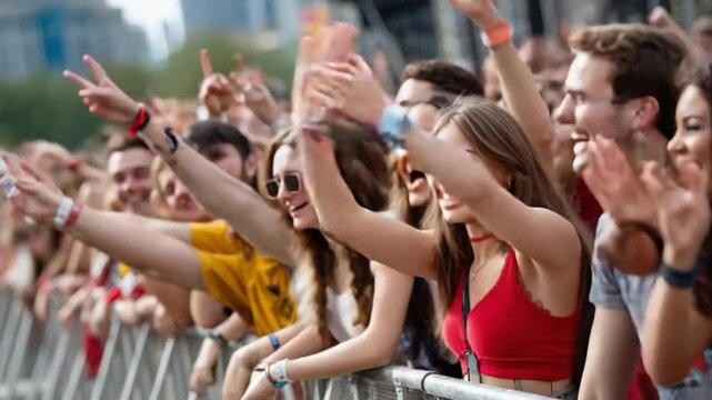 Energetic crowd at outdoor event: Capturing a sea of joyous faces and raised hands, the photo encapsulates the lively atmosphere of a thrilling outdoor event.