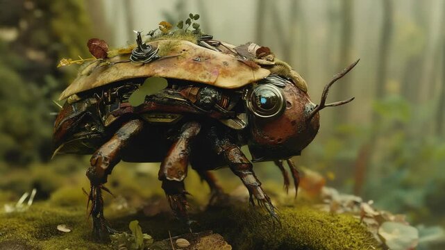 A bug that is standing on a moss covered ground