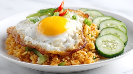 Indonesian nasi goreng, a flavorful dish with a fried egg and fresh vegetables.