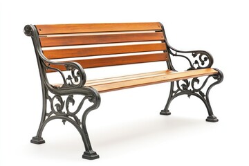 Wooden park bench with ornate metal arms