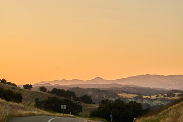 Sunset Over Rolling Hills with Green Trees and Soft Light
