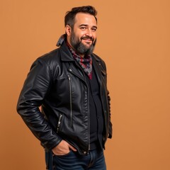 Fototapeta premium A bearded man, in a leather jacket and scarf, smiling, on a brown background