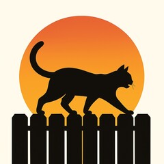 Silhouette of a black cat walking across a fence against a vibrant sunset sky isolated on white background