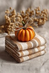 Fototapeta premium Small decorative pumpkin tied with twine sitting on striped napkins for thanksgiving