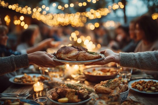Family serving roasted turkey at thanksgiving dinner table