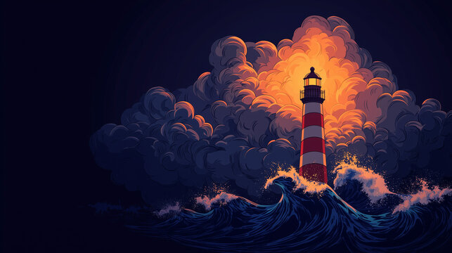 A vibrant illustration of a red-and-white striped lighthouse standing amidst dark blue waves, with a large, glowing orange cloud formation behind it. The striking colors create a dramatic and powerfu