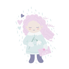 Smiling, happy child holding a snowdrop and a love letter or postcard. Cute illustration with a love young girl in pastel palette. Springtime art with a funny character.