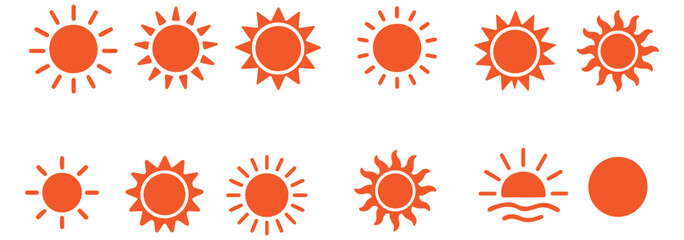 Sun icon set. Yellow sun star icons collection. Summer, sunlight, nature, sky. Vector illustration isolated on white background.