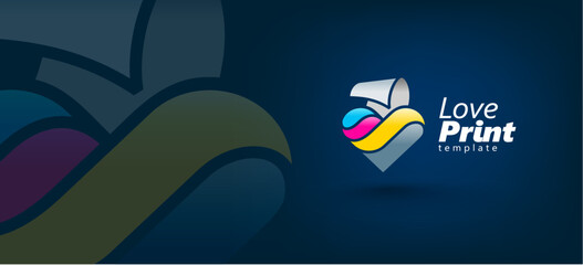 Logo Love Print theme. Cmyk Heart and Paper Printing. Template design vector. Black background
