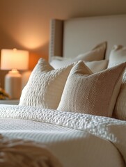 A serene and inviting bedroom interior featuring a large, comfortable bed with plush pillows and blankets, complemented by soft lighting from table lamps on the nightstands.