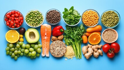 Colorful assortment of various foods displayed on a light blue surface