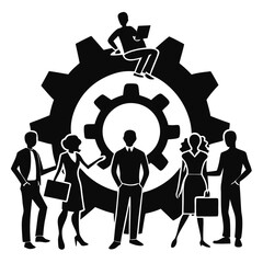 Black Silhouettes Business People Gear Teamwork Collaboration Meeting Concept vector