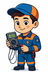 A cheerful cartoon electrician holds a multimeter testing electrical equipment a fun illustration for kids learning about electrical safety and careers
