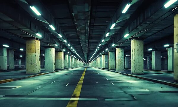 Grungy Underground Parking Garage with Concrete Pillars Fluorescent Lights Symmetric Urban Infrastructure And Yellow