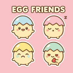 Egg friends cute cartoon vector sticker pack illustrations with emotions