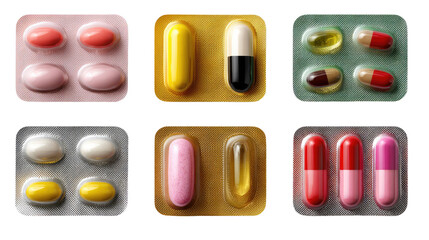 Medical Assortment: A vibrant selection of pills and capsules, neatly arranged in blister packs, offering a visual narrative of health and wellness, ready for consumption.