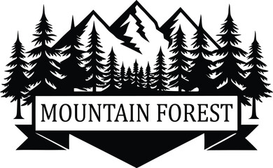 Obraz premium Mountain Forest Silhouette Logo Design, Pine Tree Woodland Vector Art, Nature Adventure Emblem with Trees and Peaks. 