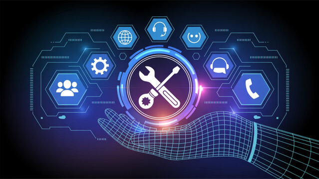 A digital hand presents technical support services a futuristic concept showcasing online assistance customer service global network problem-solving and repair tools - Powered by Adobe