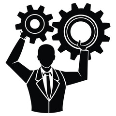 Businessman Silhouette Holding Two Black Cogwheels Gears Teamwork Concept vector