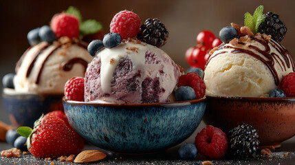 Artisanal ice cream with berries, macaroons, chocolate, and nuts served in bowls, styled for a gourmet dessert display