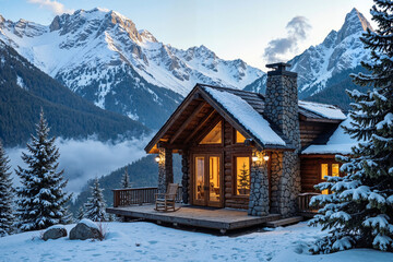 Snowy Mountain Cabin Landscape