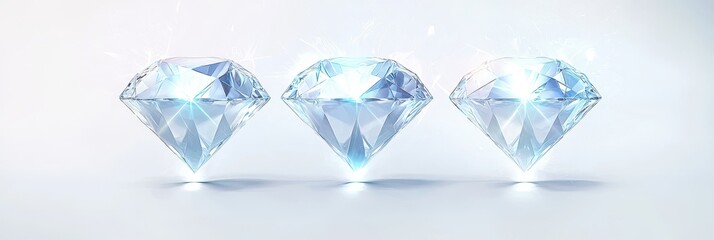 Obraz premium Floating trio of flawless white diamonds in different classic cuts glowing with clarity on a white background