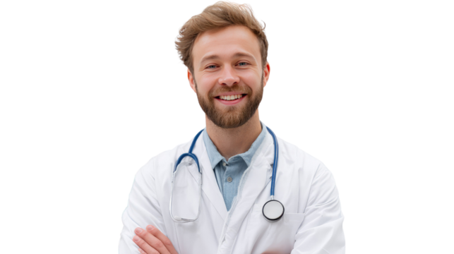 Confident Medical Professional: A friendly and confident doctor stands, arms crossed, with a stethoscope around their neck. A symbol of healthcare, expertise, and trust.
