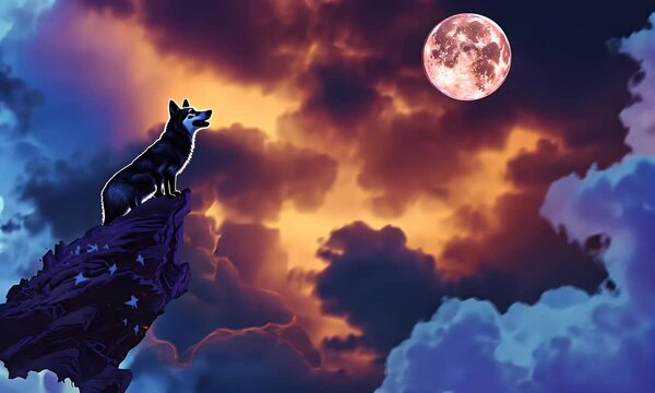 A lone wolf howling at a red moon under a cloudy night sky.
