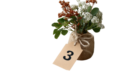 Floral Delight: A charming, close-up shot of a delicate flower arrangement, adorned with a rustic tag, showcasing the number "3". The flowers and design are meticulously captured. 