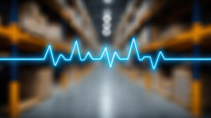 Image shows warehouse with shelves filled with boxes, overlaid with glowing blue heartbeat line, symbolizing health