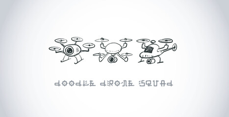 Childlike rough vector doodles of three various flying drones on white background