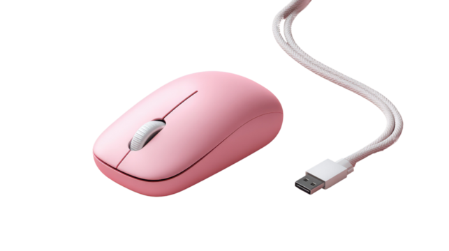 Wireless Mouse on White: Sleek Wireless Mouse in soft pink hue, perfectly poised on pure white, offering blend technology and simplicity, inviting user interaction and effortless navigation.