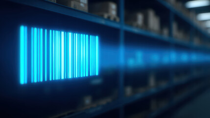 Barcode scanner emitting blue light onto coded label in warehouse setting