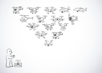 Hand-drawn vector scene of a person controlling a diverse fleet of doodle drones flying in formation.