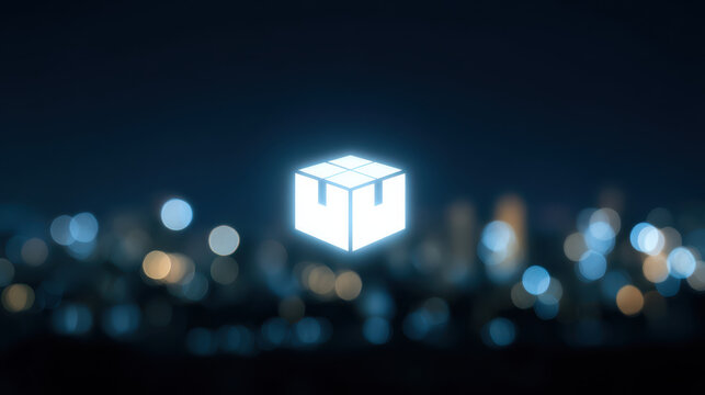 Cube icon glowing dark with blurred city lights background representing technology digital blockchain innovation data