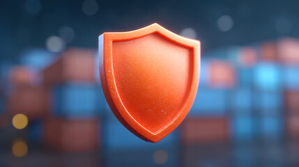 Protective shield icon symbolizing security or cybersecurity with blurred shipping containers background, representing