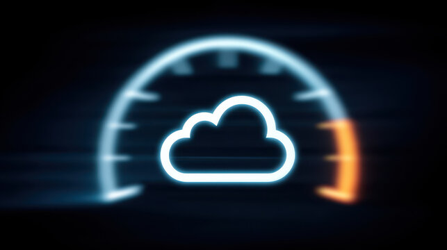 Cloud icon glowing on digital dashboard with speedometer background, representing cloud computing or data transfer speed - Powered by Adobe