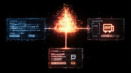 Digital data visualization of interconnected screens with code, graphs, and icons representing technology, data processing