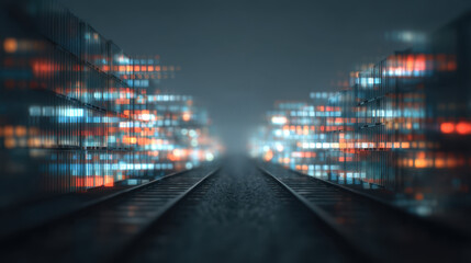 Digital data visualization with glowing lights stacked blocks along railway track, creating futuristic and technological