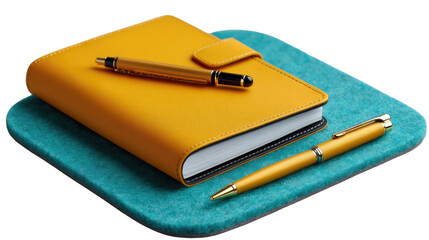 Notebook and Pens: A striking close-up showcasing a sophisticated yellow notebook, paired with two elegant pens resting on a serene blue surface.