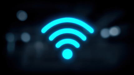 Glowing blue Wi Fi icon dark background, representing wireless internet connectivity and digital communication, with
