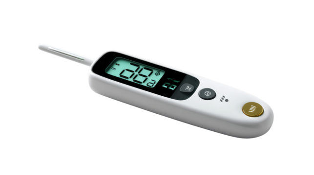 Digital Thermometer: A close-up shot of a modern digital thermometer, showcasing its sleek design and clear display, is a symbol of precision in healthcare and measurement.