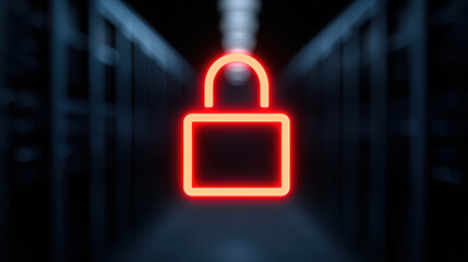 Glowing red neon padlock symbol dark data center or server room, representing security, protection, and data safety digital