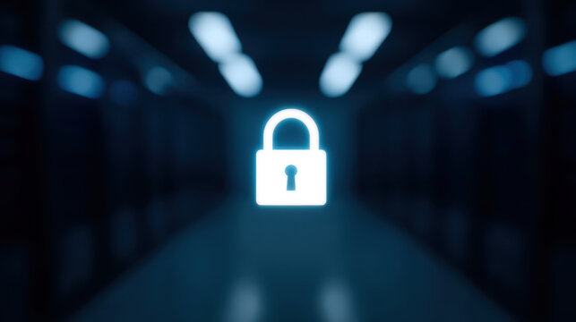 Digital lock icon glowing dark server room with blurred server racks background, symbolizing cybersecurity and data protection - Powered by Adobe