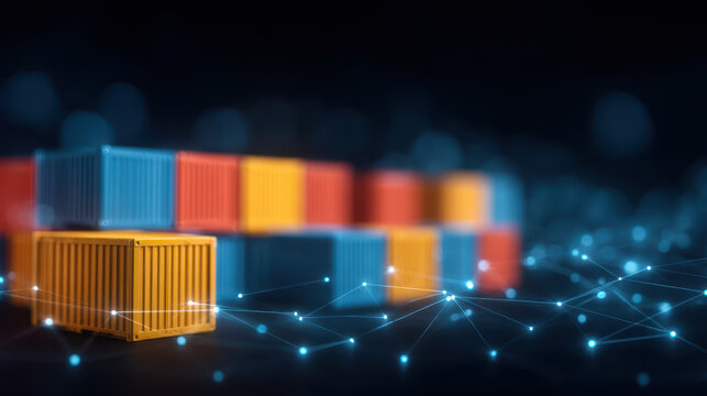 Image shows collection of colorful shipping containers with digital network overlay, symbolizing global logistics