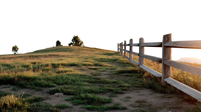 Serene Path to the Horizon: A rustic wooden fence guides the eye along a grassy path, leading towards the gentle rise of a hilltop, inviting exploration in a picturesque landscape.