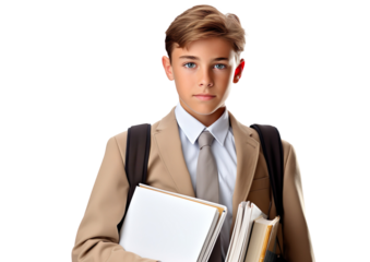 Portrait of a young schoolboy carrying school books on a transparent background